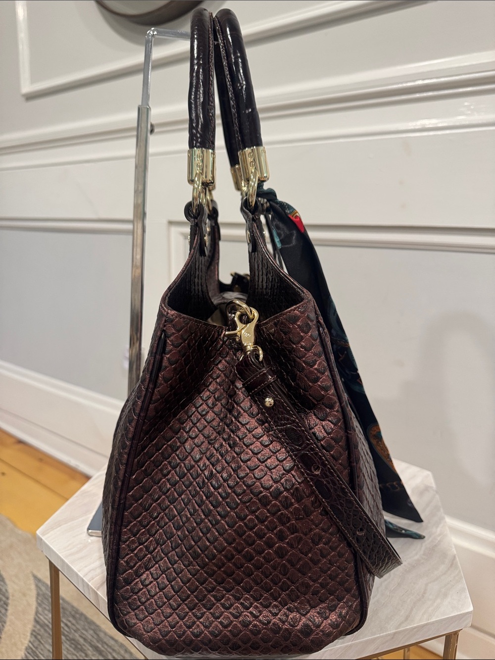 Brahmin Bag Elisa Brown Purple Python Embossed Satchel with Matching Pouch - Picture 7 of 17